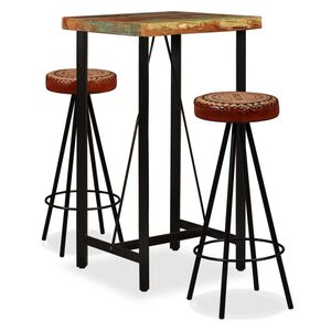 vidaXL Mesa y 2 taburetes bar madera maciza reciclada cuero real lona