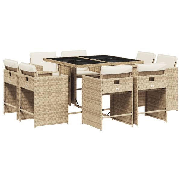 vidaXL Set comedor de jard&iacute;n 9 pzas con cojines rat&aacute;n sint&eacute;tico beige
