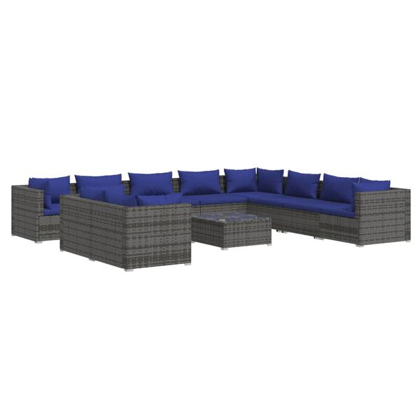 vidaXL Set de muebles de jard&iacute;n 11 pzas y cojines rat&aacute;n sint&eacute;tico gris