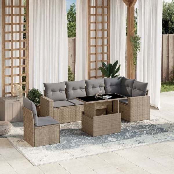 vidaXL Set sof&aacute;s de jard&iacute;n 7 piezas y cojines rat&aacute;n sint&eacute;tico beige