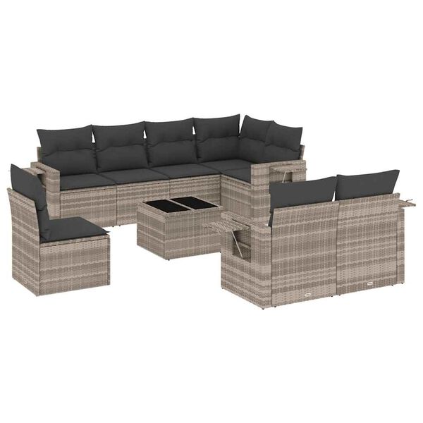 vidaXL Set muebles jard&iacute;n 9 pzas y cojines rat&aacute;n sint&eacute;tico gris claro