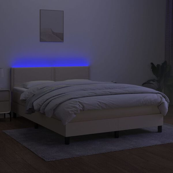 vidaXL Cama box spring colch&oacute;n y luces LED tela crema 140x190 cm