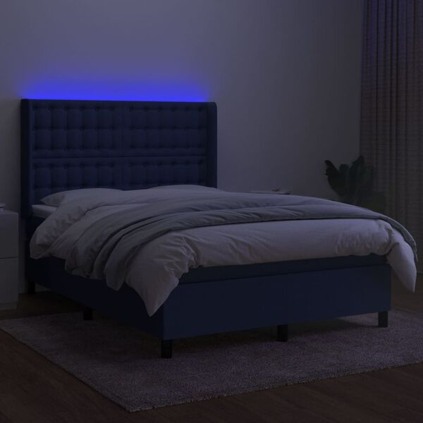 vidaXL Cama box spring colch&oacute;n y luces LED tela azul 140x200 cm