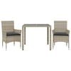 vidaXL Set comedor jard&iacute;n 3 pzas y cojines rat&aacute;n PE vidrio gris claro