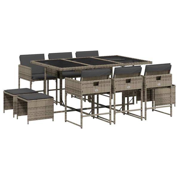 vidaXL Set de comedor de jard&iacute;n 11 pzas y cojines rat&aacute;n sint&eacute;tico gris