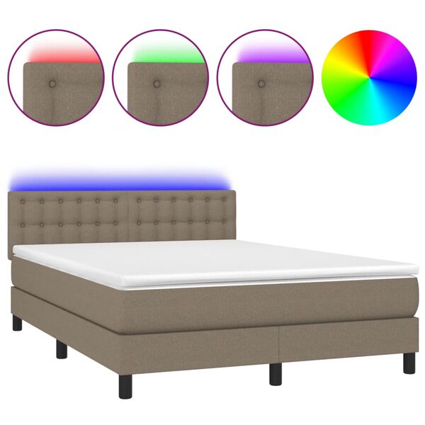 vidaXL Cama box spring colch&oacute;n y luces LED tela gris taupe 140x190 cm