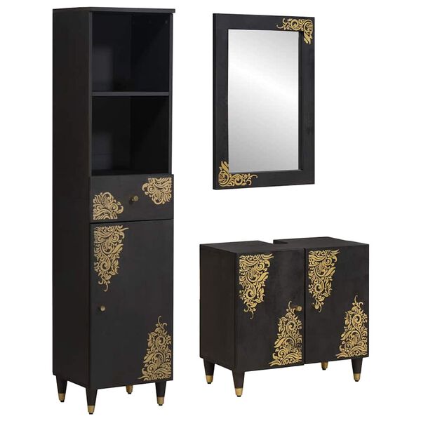 vidaXL Juego de Muebles de Baño 3 pcs Negro Madera de mango maciza