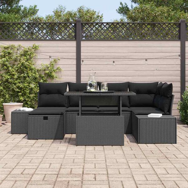 vidaXL Conjunto de sof&aacute; de jard&iacute;n con coj&iacute;n 7 pcs Negro Polirat&aacute;n