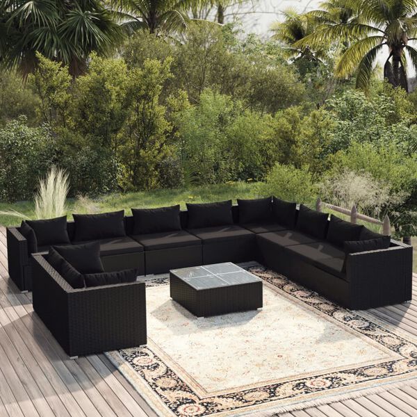 vidaXL Set muebles de jard&iacute;n 11 pzas y cojines rat&aacute;n sint&eacute;tico negro