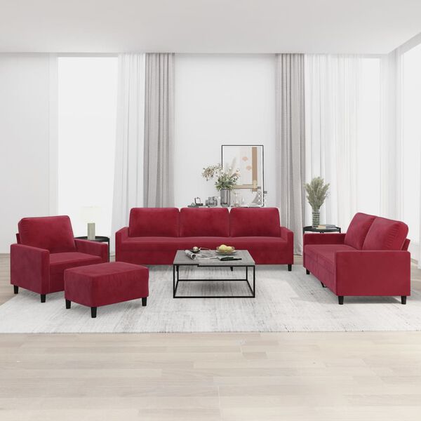vidaXL Juego de sof&aacute;s con cojines 4 piezas terciopelo rojo tinto