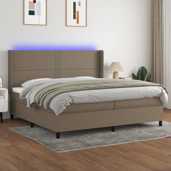 vidaXL Cama box spring colch&oacute;n y luces LED tela gris taupe 200x200 cm
