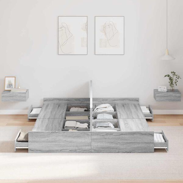 vidaXL Cama con almacenamiento con cabecera Gris Sonoma 135 x 190 cm