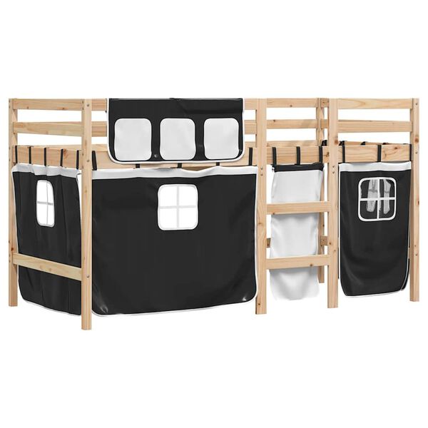 vidaXL Cama alta ni&ntilde;os con cortinas madera pino blanco negro 80x200 cm