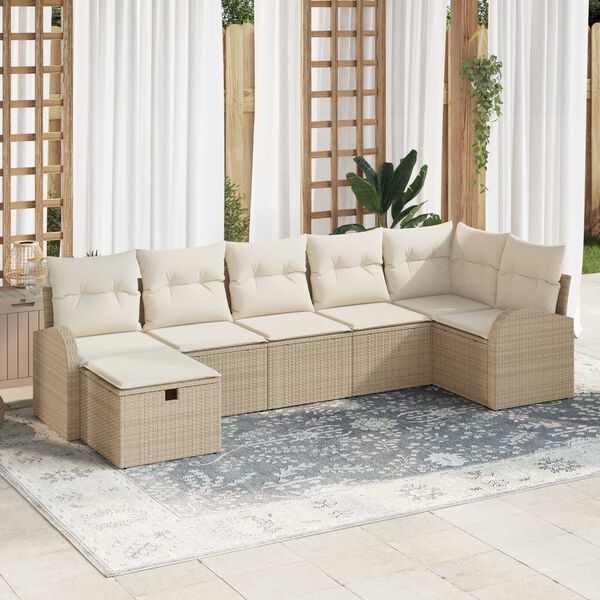 vidaXL Conjunto de sof&aacute; de jard&iacute;n 7 pcs Beige rat&aacute;n sint&eacute;tico