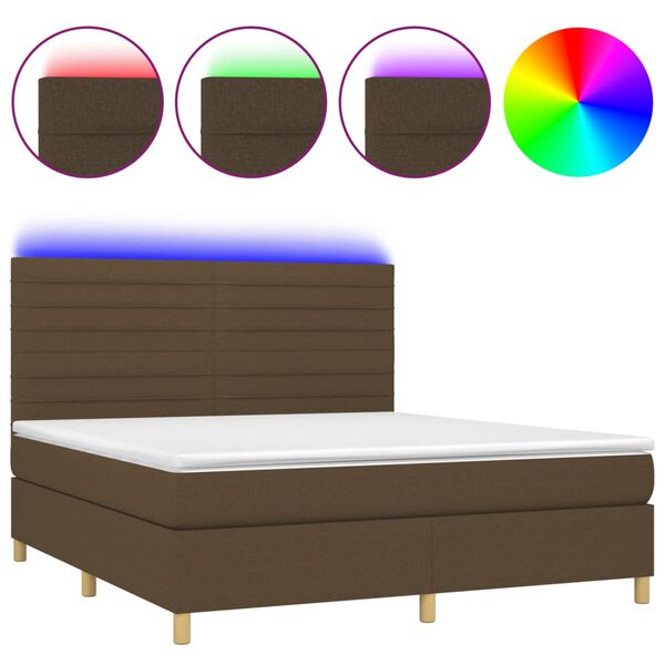 vidaXL Cama box spring colch&oacute;n luces LED tela marr&oacute;n oscuro 160x200cm