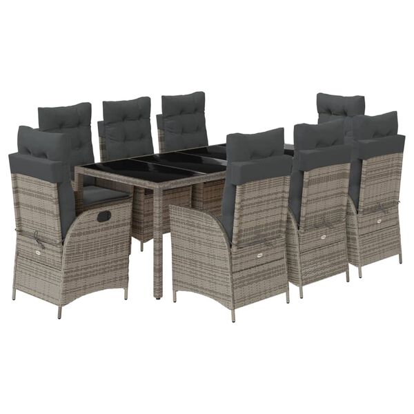 vidaXL Set comedor jard&iacute;n 9 pzas y cojines rat&aacute;n sint&eacute;tico gris