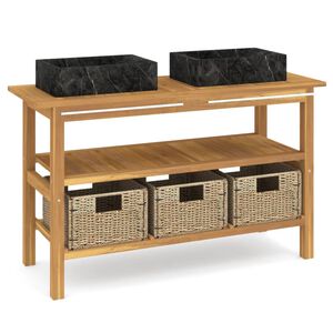 vidaXL Tocador de ba&ntilde;o madera maciza de teca con lavabos m&aacute;rmol negro