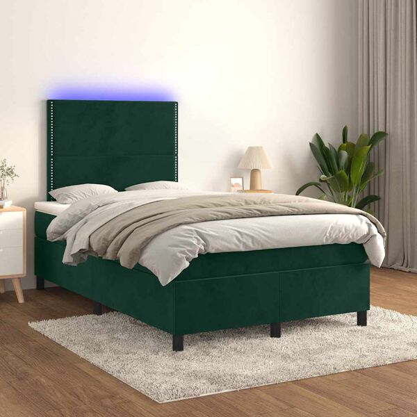 vidaXL Cama box spring colch&oacute;n y LED terciopelo verde oscuro 120x200cm