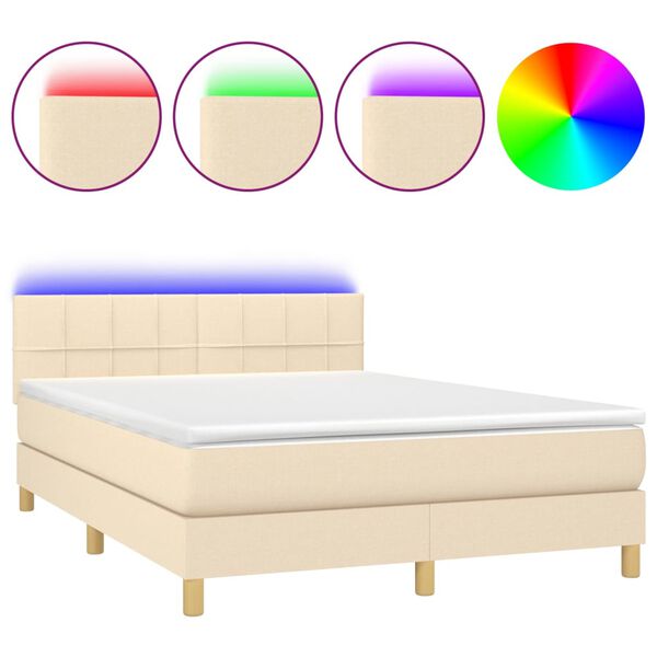 vidaXL Cama box spring con colch&oacute;n y LED tela crema 140x200 cm