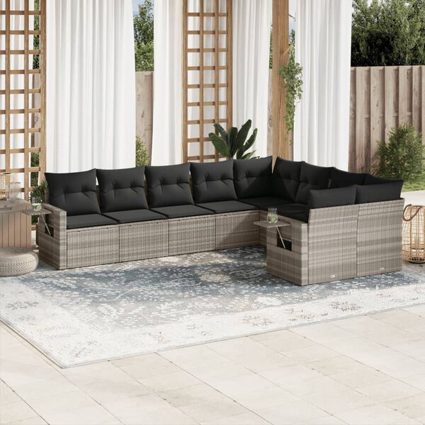 vidaXL Set muebles jard&iacute;n 9 pzas y cojines rat&aacute;n sint&eacute;tico gris claro