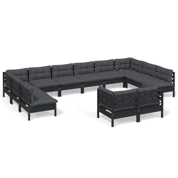 vidaXL Muebles de jard&iacute;n 12 pzas y cojines negro madera maciza de pino