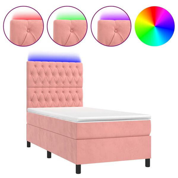 vidaXL Cama box spring colch&oacute;n y LED terciopelo rosa 90x200 cm