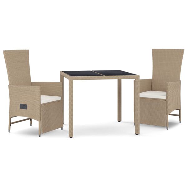 vidaXL Set comedor de jard&iacute;n 3 pzas con cojines rat&aacute;n sint&eacute;tico beige