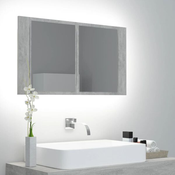 vidaXL Armario espejo baño luz LED acrílico gris hormigón 80x12x45 cm
