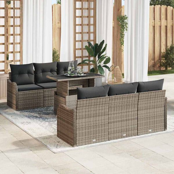 vidaXL Conjunto de sof&aacute; de jard&iacute;n con coj&iacute;n 7 pcs Gris Polirat&aacute;n