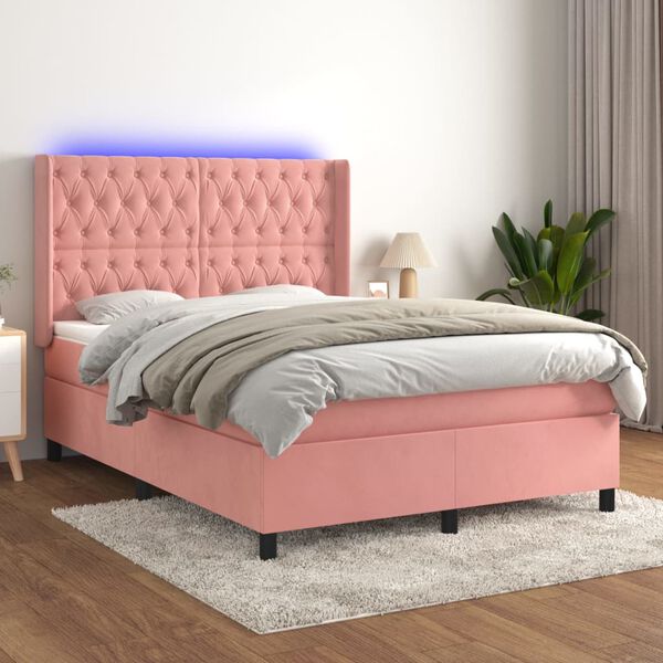 vidaXL Cama box spring colch&oacute;n y LED terciopelo rosa 140x190 cm