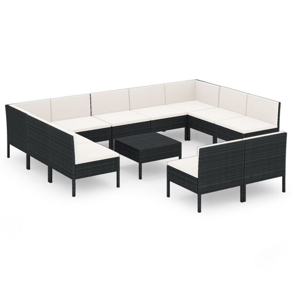vidaXL Set muebles de jard&iacute;n 12 pzas y cojines rat&aacute;n sint&eacute;tico negro