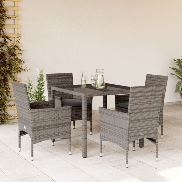 vidaXL Set comedor jard&iacute;n 5 pzas y cojines rat&aacute;n sint&eacute;tico vidrio gris