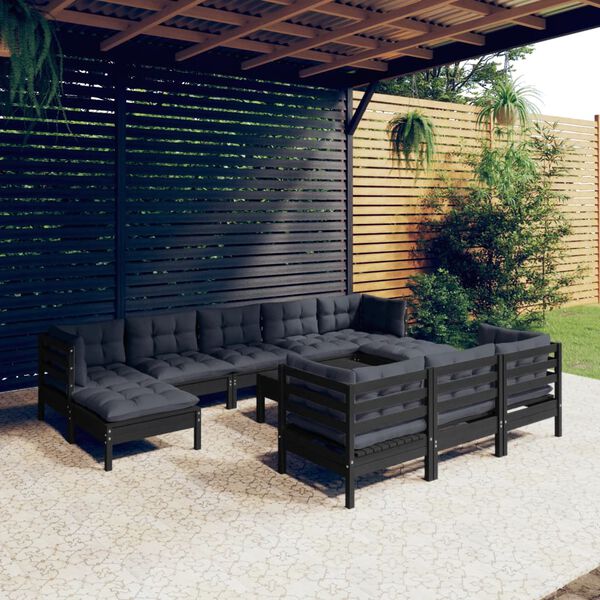 vidaXL Muebles de jard&iacute;n 11 pzas y cojines negro madera maciza de pino