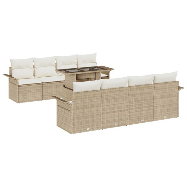vidaXL Conjunto de sof&aacute; de jard&iacute;n 9 pcs Beige Rattan de Poli&eacute;ster