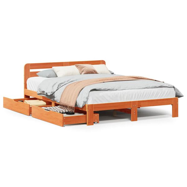 vidaXL Cama sin colch&oacute;n madera maciza de pino marr&oacute;n cera 140x190 cm