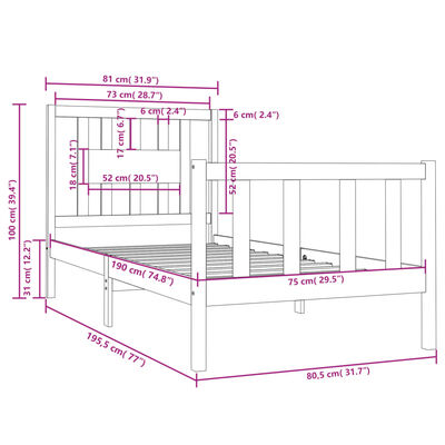 vidaXL Estructura de cama individual madera maciza gris 75x190 cm
