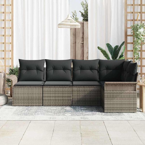 vidaXL Conjunto de sof&aacute; de jard&iacute;n 5 pcs Gris rat&aacute;n sint&eacute;tico