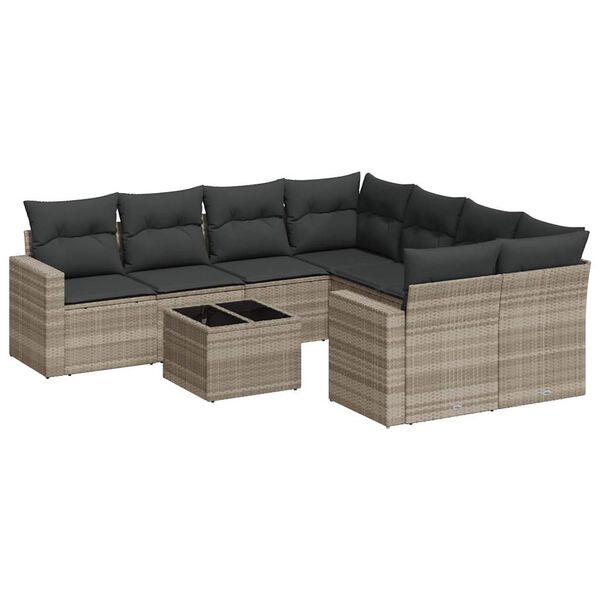 vidaXL Set muebles jard&iacute;n 9 pzas y cojines rat&aacute;n sint&eacute;tico gris claro