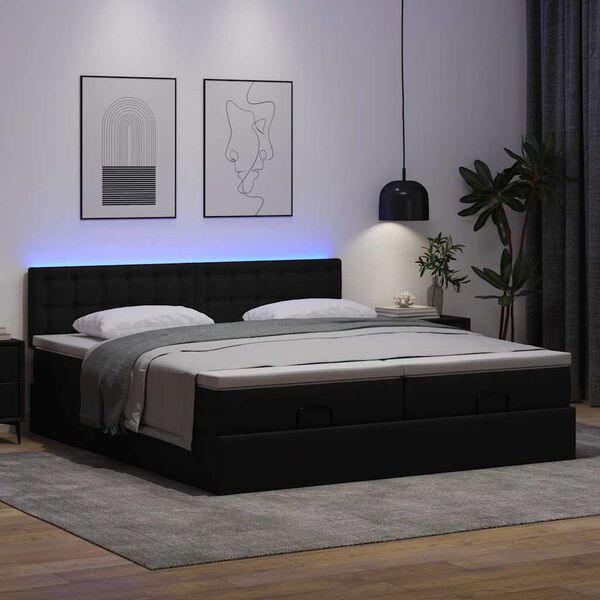 vidaXL Cama otomana colchón y LED cuero sintético negro 180x200 cm