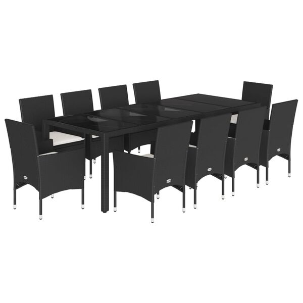 vidaXL Set comedor jard&iacute;n 11 pzas cojines rat&aacute;n sint&eacute;tico vidrio negro