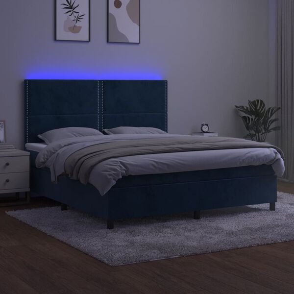 vidaXL Cama box spring colch&oacute;n y LED terciopelo azul oscuro 160x200 cm