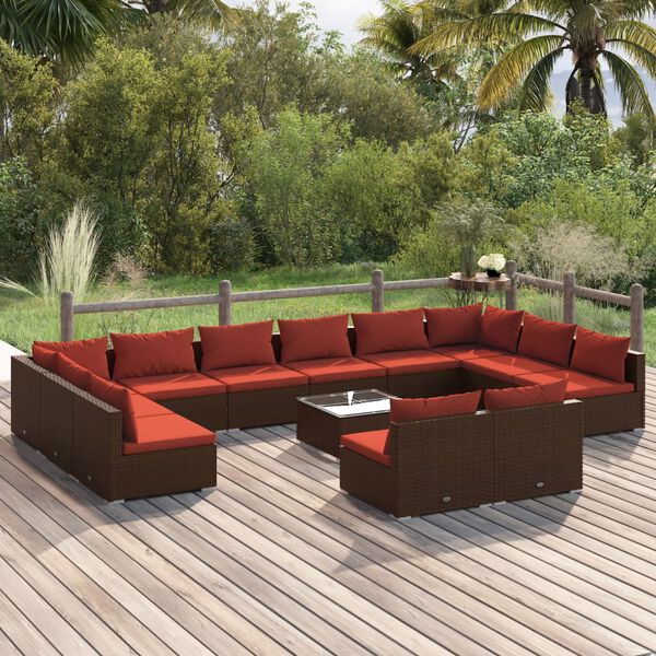 vidaXL Set muebles de jard&iacute;n 13 piezas cojines rat&aacute;n sint&eacute;tico marr&oacute;n