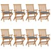vidaXL Sillas plegables con cojines grises, 8 unidades, madera maciza de teca.