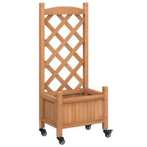 vidaXL Jardinera con enrejado y ruedas madera maciza de abeto marr&oacute;n