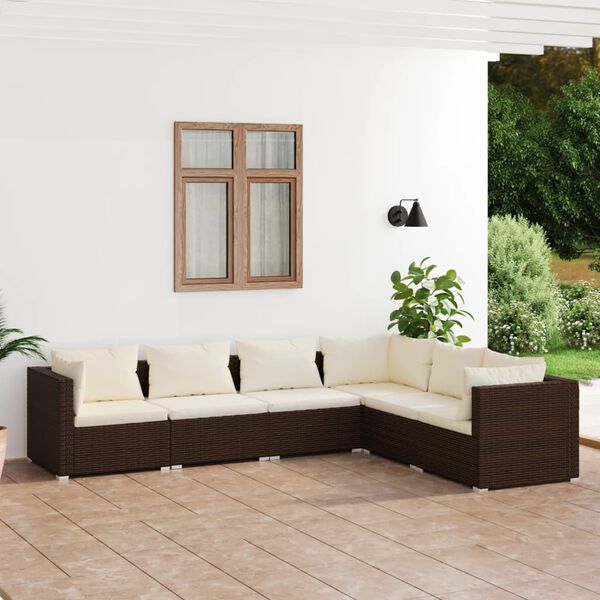 vidaXL Set muebles de jard&iacute;n 6 piezas y cojines rat&aacute;n sint&eacute;tico marr&oacute;n