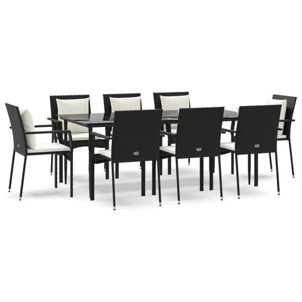 vidaXL Set de comedor de jard&iacute;n 9 pzas y cojines rat&aacute;n sint&eacute;tico negro