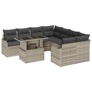 vidaXL Conjunto de sof&aacute;s de jard&iacute;n 9 pcs Gris Claro Rat&aacute;n sint&eacute;tico