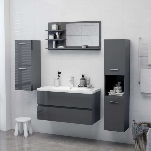 vidaXL Espejo de ba&ntilde;o madera contrachapada gris brillo 90x10,5x45 cm
