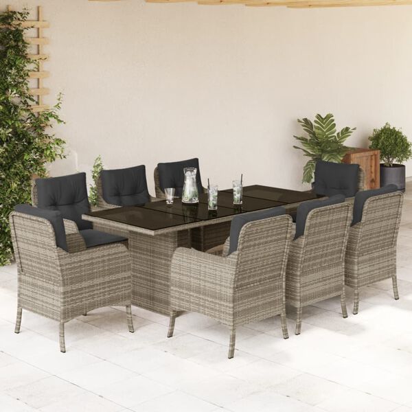 vidaXL Set comedor de jard&iacute;n 9 pzas cojines rat&aacute;n sint&eacute;tico gris claro