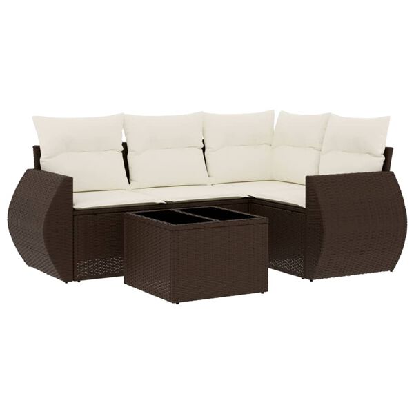vidaXL Set comedor de jard&iacute;n 5 piezas y cojines rat&aacute;n sint&eacute;tico marr&oacute;n